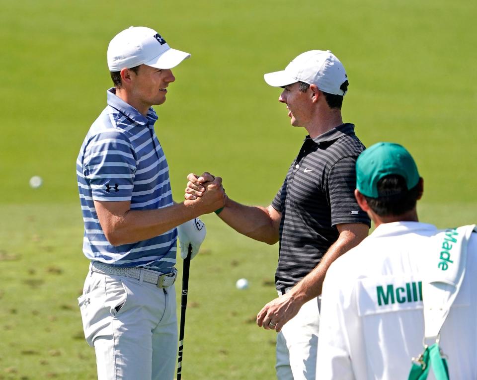 Jordan Spieth, left, and Rory McIlroy (at last year's Masters tournament) have both committed to the Valero Texas Open, which takes place the week after the Dell Match Play.