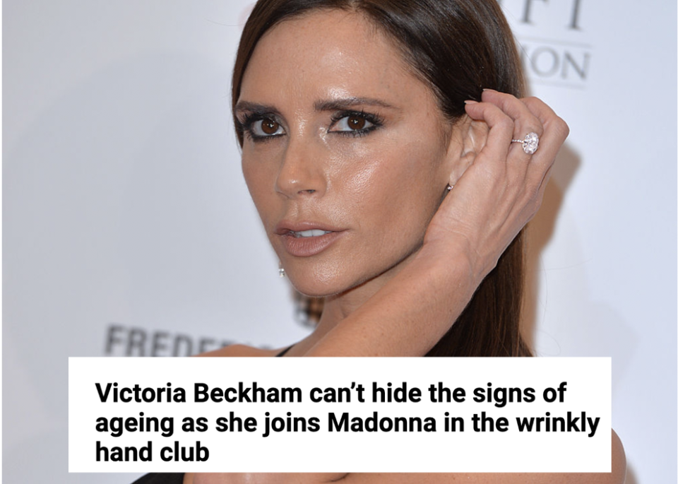 Victoria with the headline saying she has joined Madonna in the wrinkly hand club