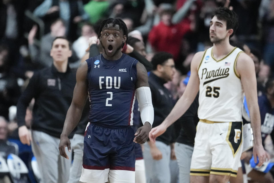 Fairleigh Dickinson guard Demetre Roberts (2) reacts as Fairleigh Dickinson took a five-point lead over Purdue in the final minute of the second half of a first-round college basketball game in the men's NCAA Tournament in Columbus, Ohio, Friday, March 17, 2023. (AP Photo/Michael Conroy)