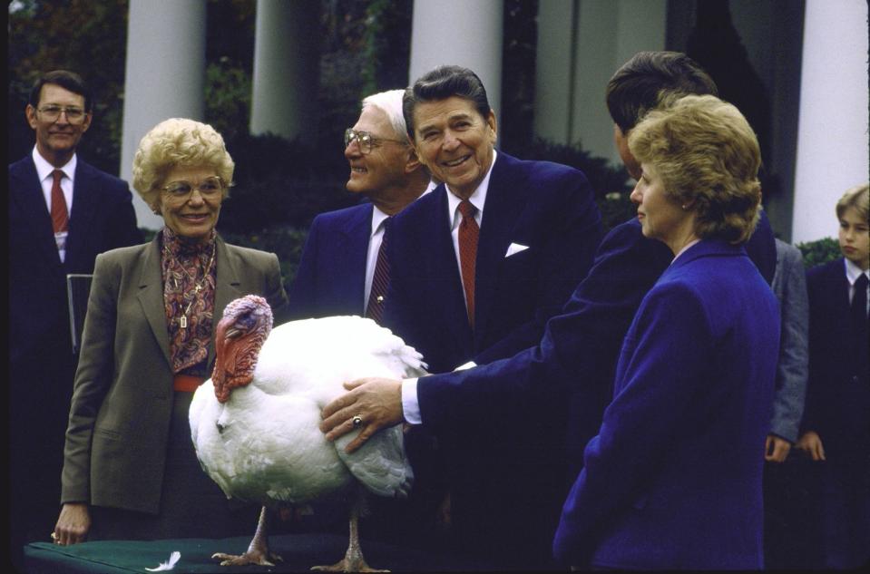 pres ronald reagan w thanksgiving turkey and farmer john h