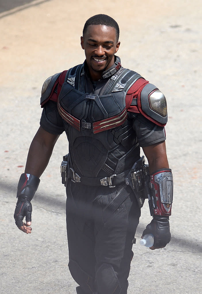 Featuring a costume upgrade from 'Winter Soldier,’ Anthony Mackie returns as Sam Wilson/Falcon, Cap’s stalwart pal and newly minted Avenger. He’s seen here on a break in shooting on May 15.