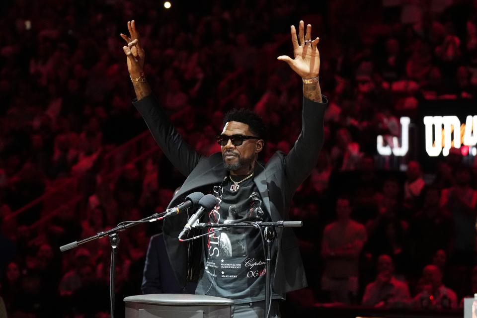 Jan 19, 2024; Miami, Florida, USA; Udonis Haslem speaks after his jersey was lifted to the rafters during the retirement ceremony during halftime of the game between the Miami Heat and the Atlanta Hawks Kaseya Center. Mandatory Credit: Jasen Vinlove-USA TODAY Sports