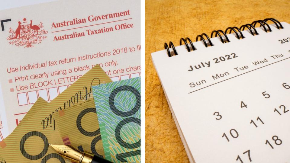 Tax form and money and July 2022 calendar 