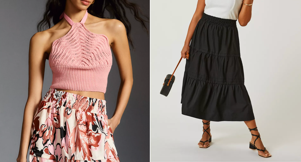 split screen of woman wearing pink tank top and pink floral anthropologie the somerset maxi skirt, woman wearing black maxi skirt and sandals