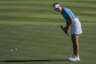 Solheim Cup team Europe golfer Georgia Hall practices during a training session at Finca Cortesin, near Estepona, southern Spain, on Wednesday, Sept. 20, 2023. (AP Photo/Bernat Armangue)