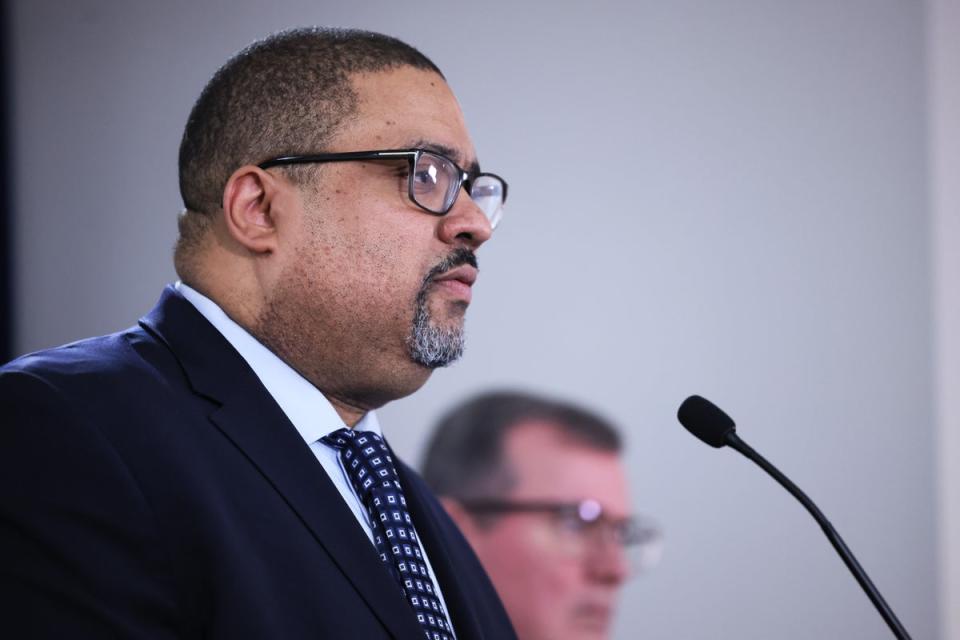 Manhattan district attorney Alvin Bragg speaks to reporters on 8 February (Getty Images)