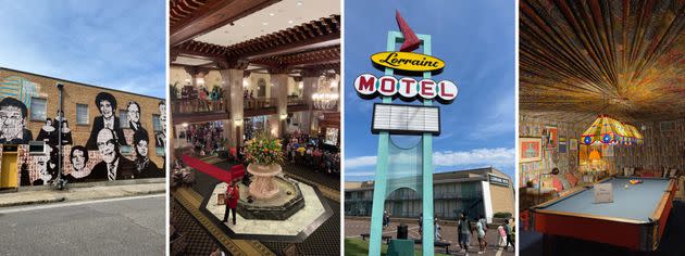 From left to right: the Memphis Upstanders Mural by Nelson Gutierrez Studio, the famous Peabody Hotel 