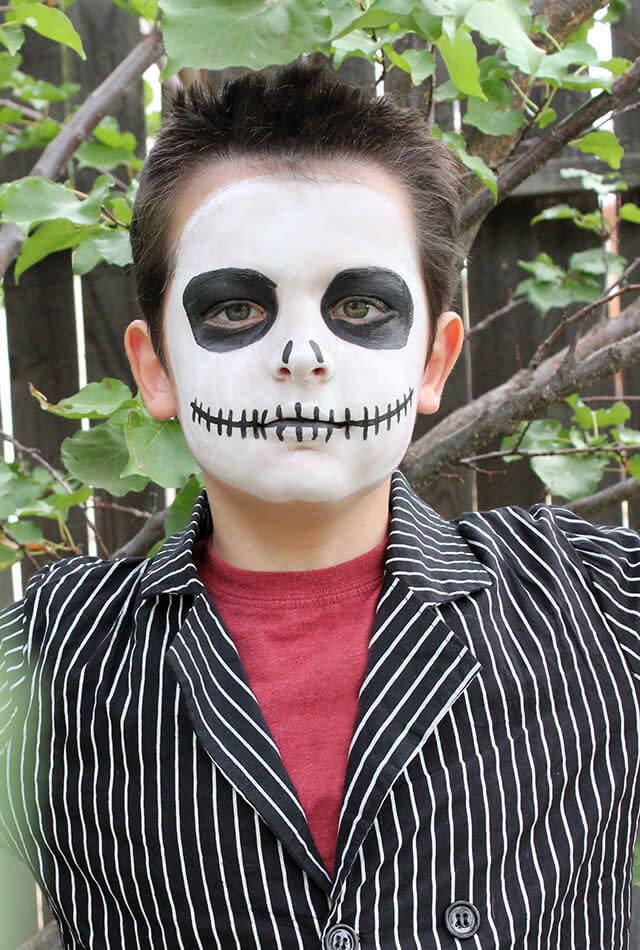 <p>Your tween-ager will look like he just stepped off the set of <em>The Nightmare Before Christmas</em> with this Jack Skellington face paint, which comes together surprisingly fast.</p><p><em><a href="https://www.happinessishomemade.net/quick-jack-skellington-halloween-makeup/" rel="nofollow noopener" target="_blank" data-ylk="slk:See more at Happiness Is Homemade »" class="link ">See more at Happiness Is Homemade »</a></em><br></p>