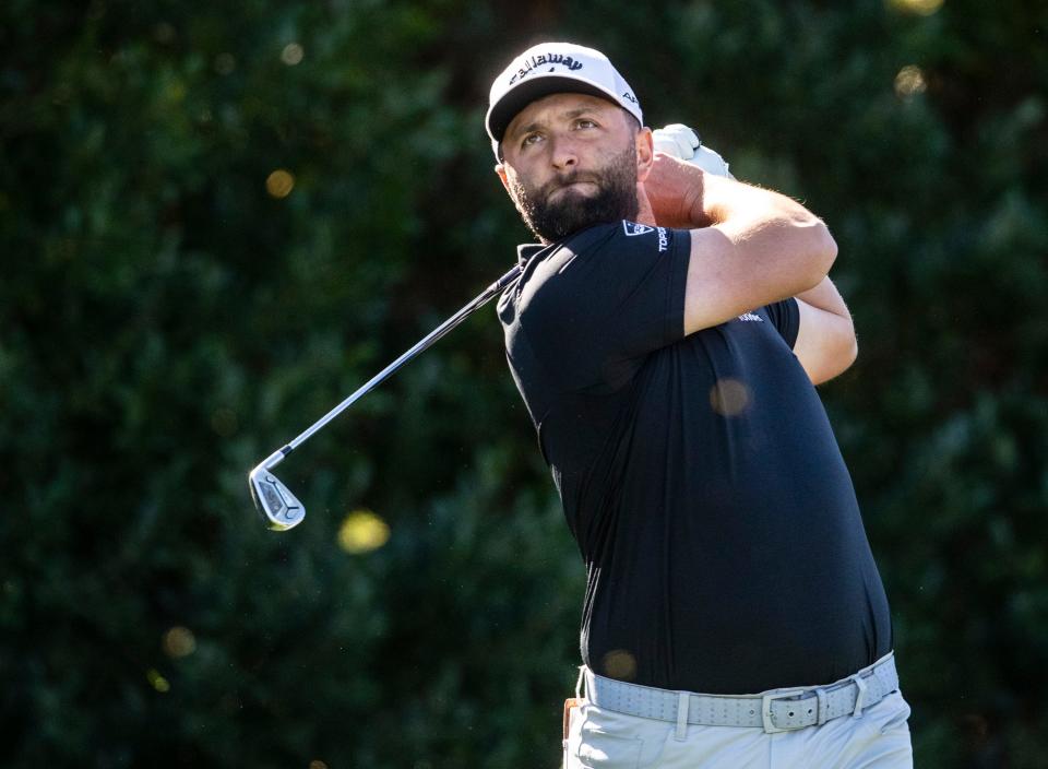 Jon Rahm tees off on three during round one of The American Express golf tournament at La Quinta Country Club in La Quinta, Calif., Thursday, Jan. 19, 2023. 