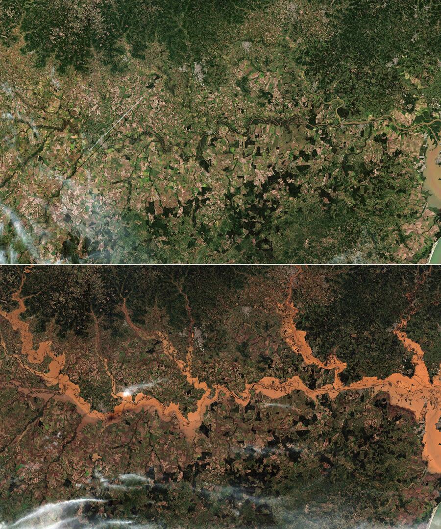 Esta combinación de imágenes creadas el 7 de mayo de 2024 muestra imágenes satelitales cortesía de Maxar Technologies de Copernicus Sentinel-2 que muestran una descripción general del área antes de la inundación (arriba) el 21 de abril de 2024 y después de la inundación el 7 de mayo de 2024 en el río Jacuí
