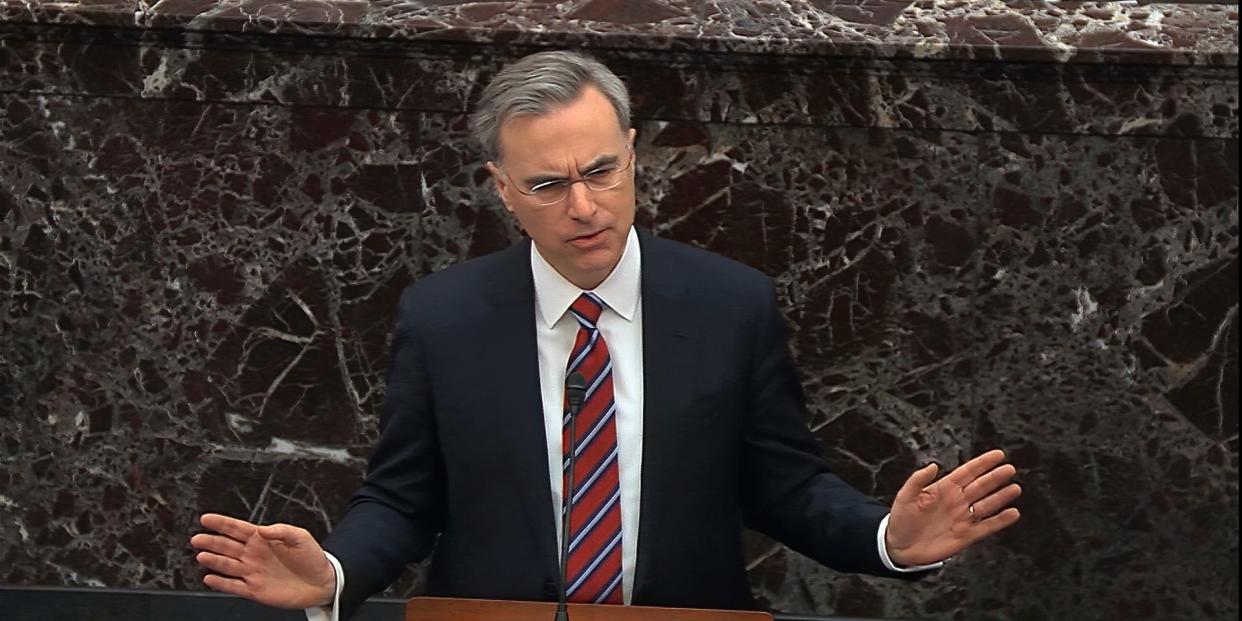 In this image from video, White House counsel Pat Cipollone speaks during the impeachment trial against President Donald Trump in the Senate at the U.S. Capitol in Washington, Saturday, Jan. 25, 2020. (Senate Television via AP)