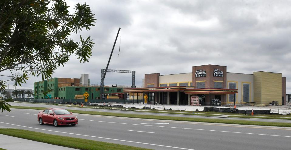 The future 131-room Homewood Suites, at left, and the Ford's Garage restaurant are among the buildings under construction in Viera's Borrows West area.