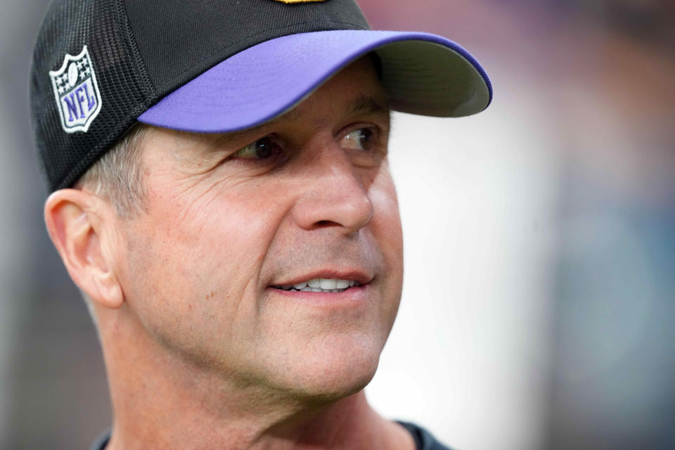 Baltimore Ravens head coach John Harbaugh looks on prior to the game against the Arizona Cardinals at State Farm Stadium.