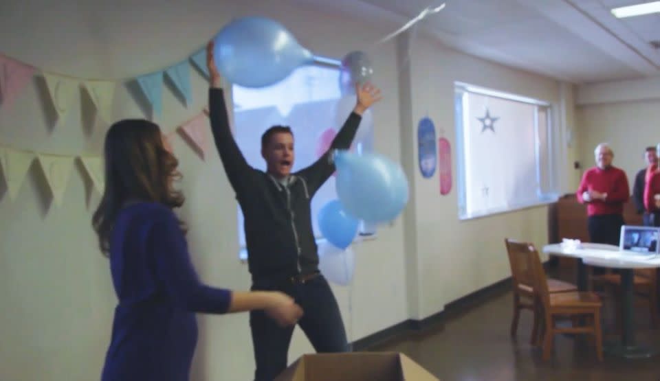 Timothy and Brittany released blue balloons to reveal they were having a boy. Source: Deep Water Films