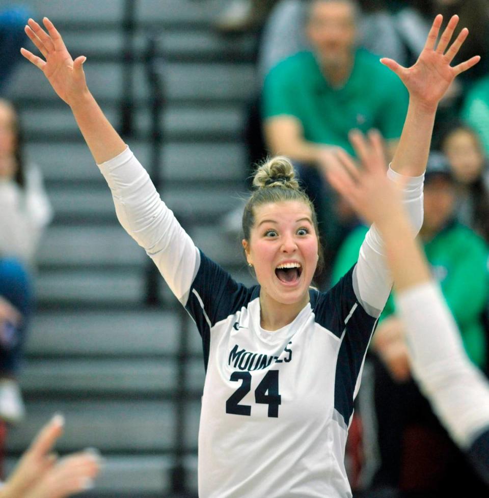 Philipsburg-Osceola’s Reese Hazelton celebrates a point. The Philipsburg-Osceola girls volleyball team won the PIAA Class 2A state championship Saturday at Cumberland Valley in Mechanicsburg. P-O defeated Trinity 3-1.