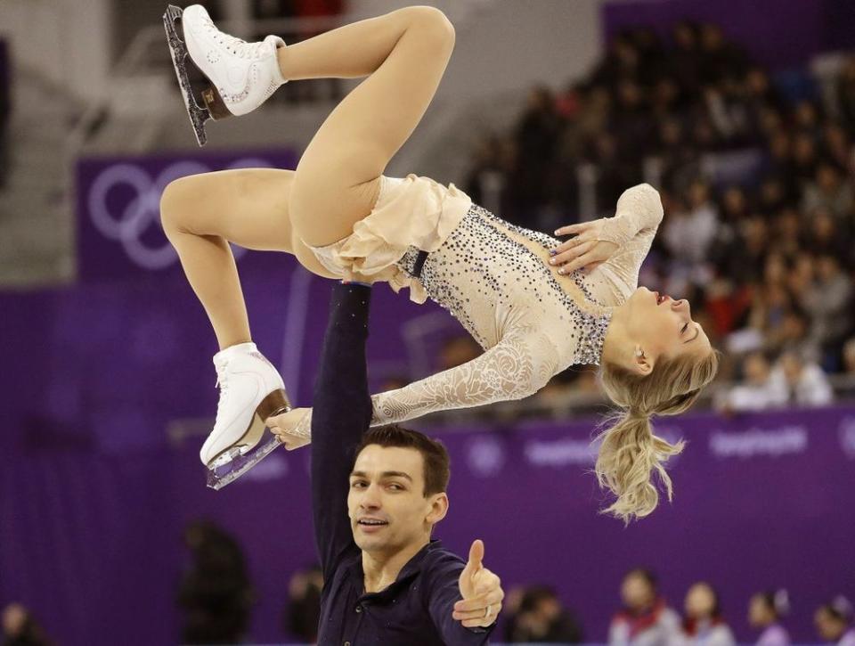 Alexa (top) and Chris Knierim during their short program in the team figure skating event at the 2018 Winter Olympics