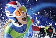 FILE - In this Feb. 17, 2010, file photo, Lindsey Vonn, of the United States, reacts in the finish area after completing the women's downhill race at the Vancouver 2010 Olympics in Whistler, British Columbia. Vonn announced Friday, Feb. 1, 2019, that she will retire from ski racing after this month's world championships in Sweden. (AP Photo/Gero Breloer, File)