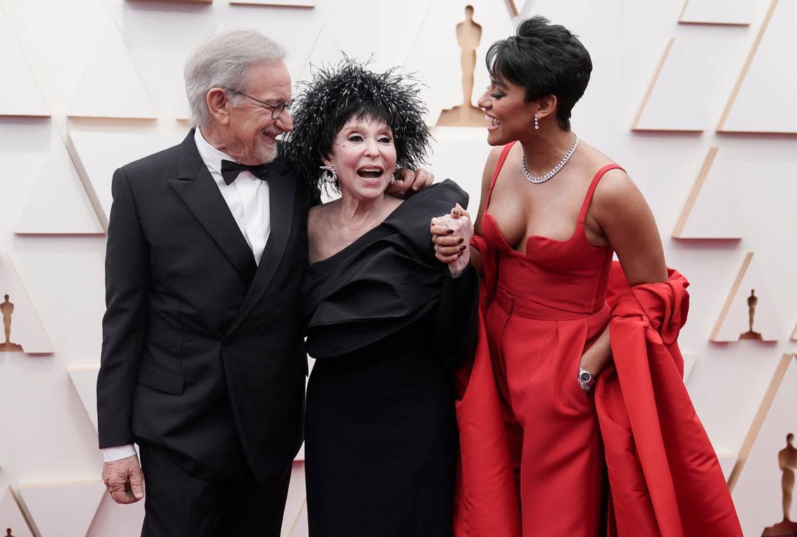 Steven Spielberg, from left, Rita Moreno and Ariana DeBose arrive at the Oscars on Sunday, March 27, 2022, at the Dolby Theatre in Los Angeles. Jae C. Hong/Jae C. Hong/Invision/AP