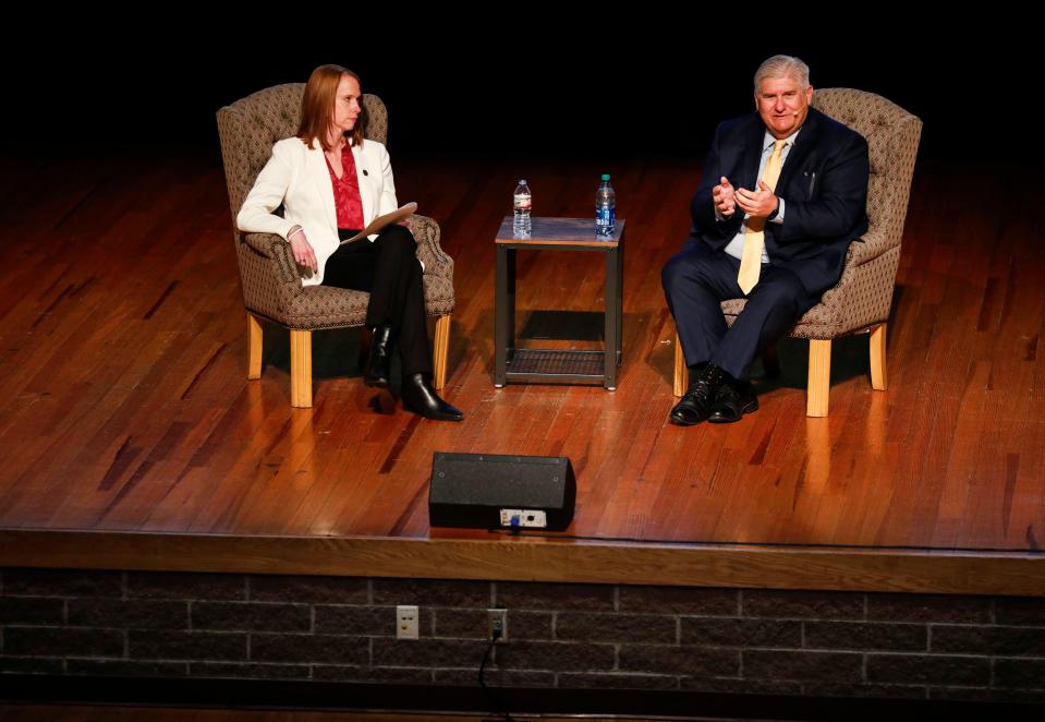 Roger Thompson, a finalist for the Missouri State University president job, answers questions at a forum in the Plaster Student Union auditorium on Thursday, Feb. 29, 2024.