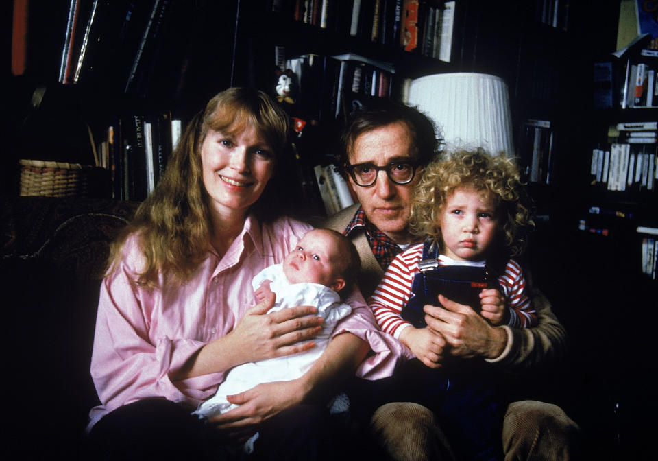(clockwise fr. top L) Actress Mia Farrow w. longtime boyfriend, director Woody Allen, their son Satchel and adopted daughter Dylan.  (Photo by David Mcgough/DMI/The LIFE Picture Collection via Getty Images)