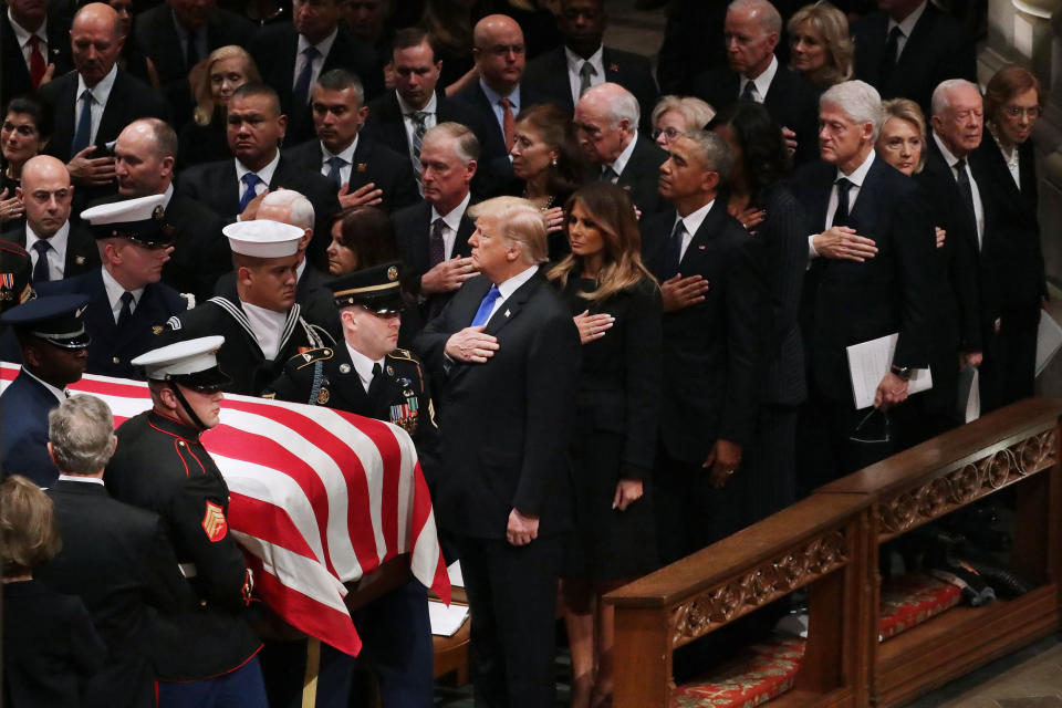 President Donald Trump, first lady Melania Trump and former presidents, vice presidents, first ladies and spouses attend the state funeral for Bush.