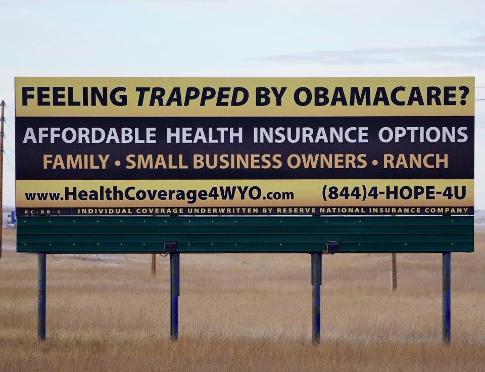 A sign on the outskirts of Gillette, Wyoming, offers residents health care options.