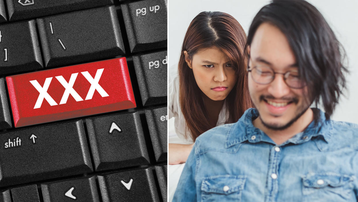 Keyboard showing 'xxx' instead of Enter key and a woman unhappily looking at her partner who is smiling