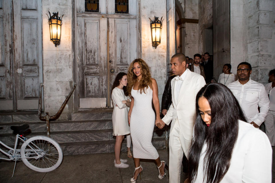 NEW ORLEANS, LA - NOVEMBER 16:  Musician Beyonce Knowles (L) and Jay Z depart the Marigny Opera House following the wedding of Solange Knowles and Alan Ferguson on November 16, 2014 in New Orleans, Louisiana.  (Photo by Josh Brasted/WireImage)