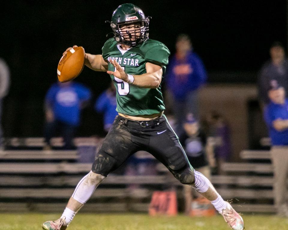 North Star quarterback Connor Yoder sets up to throw a pass during an Inter-County Conference football contest against West Branch, Oct. 27, in Boswell.