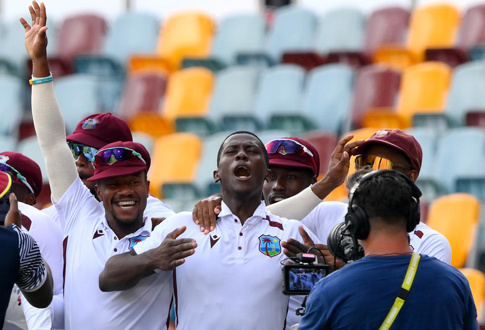 BRISBANE, AUSTRALIA - JANUARY 28: Shamar Joseph of the West Indies celebrates victory after taking the wicket of Josh Hazlewood of Australia during day four of the Second Test match in the series between Australia and West Indies at The Gabba on January 28, 2024 in Brisbane, Australia. (Photo by Bradley Kanaris/Getty Images)