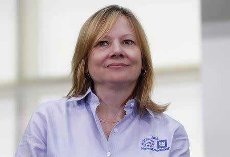 General Motors CEO Mary Barra, listens to a question from the media during a press event officially beginning 2015 contract negotiations between GM and the United Auto Workers at the UAW-GM Center Human Resources in Detroit, Michigan July 13, 2015. REUTERS/Rebecca Cook