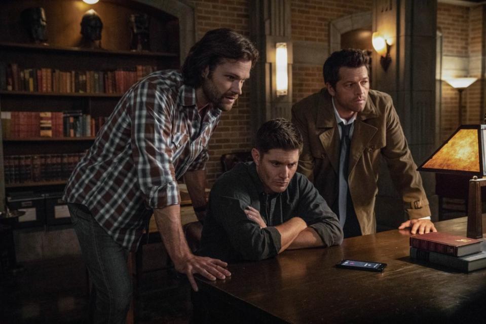 Jared Padaleck, Jensen Ackles and Misha Collins (as Castiel) in “Supernatural” on The CW (2018). Jack Rowand/The CW