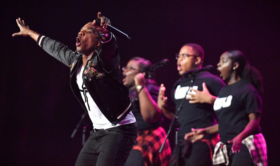 Kirk Franklin performs at the Gospel Music Association (GMA) 50th Annual Dove Awards at Lipscomb University’s Allen Arena Tuesday, Oct. 15, 2019, in Nashville, Tenn.