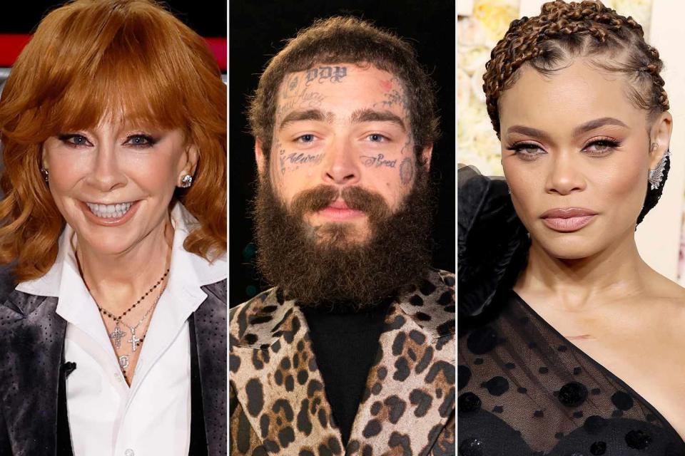 <p>Trae Patton/NBC via Getty Images; Katherine Bomboy/NBC via Getty Images; Monica Schipper/GA/The Hollywood Reporter via Getty Images</p> Reba McEntire; Post Malone; Andra Day