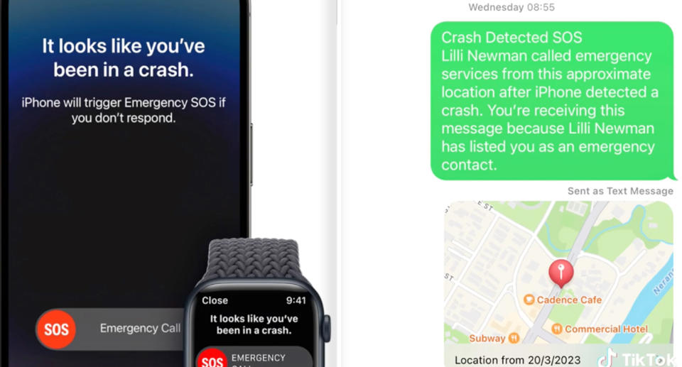 A photo of the iPhone 14's crash detection feature as it comes up on the phone. A photo of a text message one of Lilli's emergency contacts received as part of the crash detection feature.  