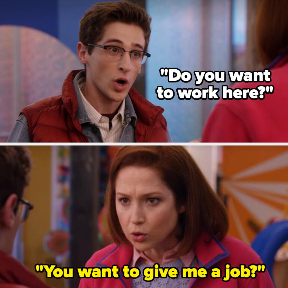 a man asking, "Do you want to work here?" and a woman responding, "You want to give me a job?"