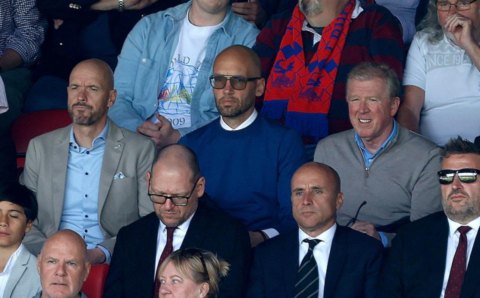 Ten Hag watches United's 1-0 defeat to Crystal Palace alongside Mitchell van der Gaag and Steve McClaren - PA