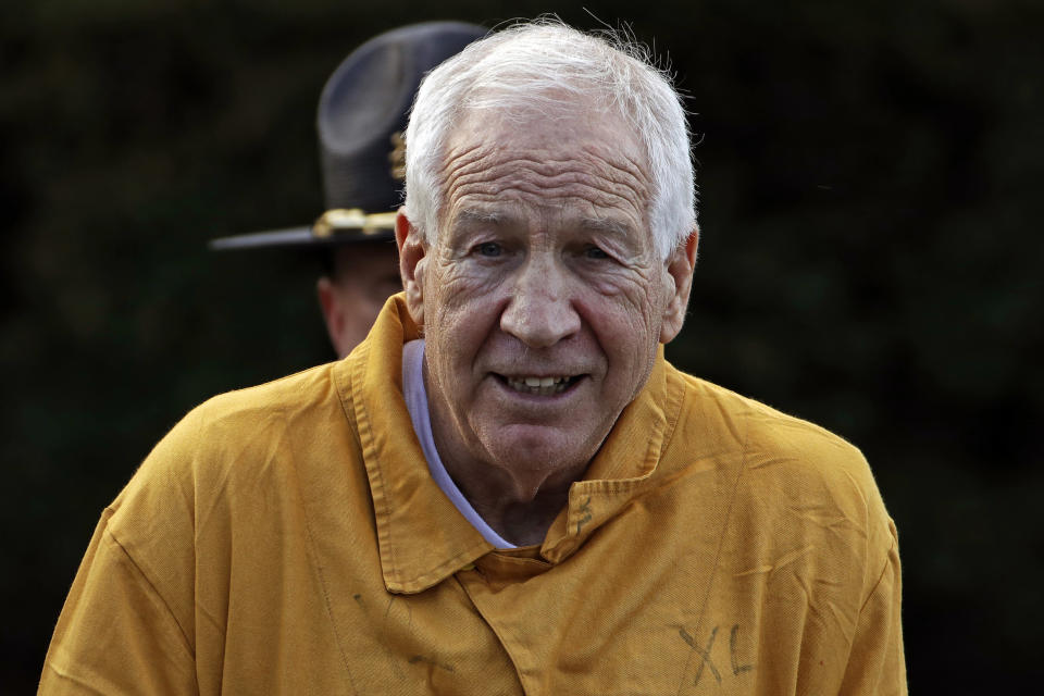 Former Penn State University assistant football coach Jerry Sandusky leaves the Centre County Courthouse after attending a resentencing hearing on his 45-count child sexual abuse conviction Friday, Nov. 22, 2019. (AP Photo/Gene J. Puskar)