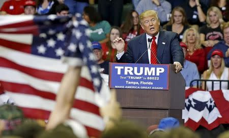 U.S. Republican presidential candidate Donald Trump speaks during a campaign stop in Tampa, Florida, February 12, 2016. REUTERS/Mike Carlson