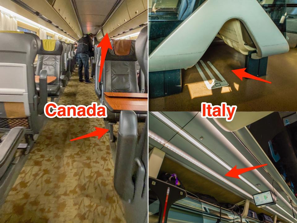 Storage spaces in business-class train cars in Canada (L) and Europe (R). change pic**