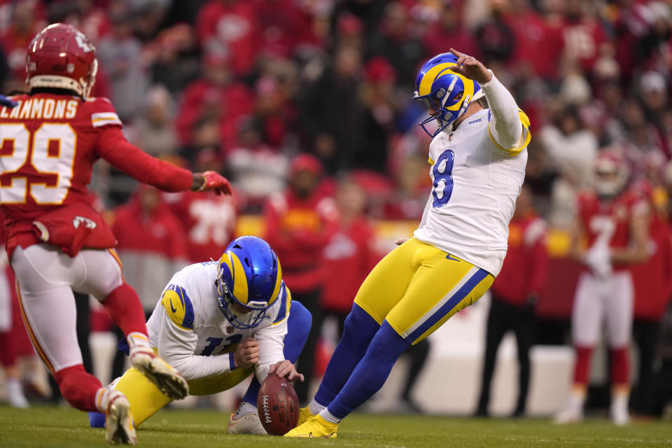 Los Angeles Rams place kicker Matt Gay (8) kicks a 47-yard field goal during the first half of an NFL football game against the Kansas City Chiefs Sunday, Nov. 27, 2022, in Kansas City, Mo. (AP Photo/Charlie Riedel)