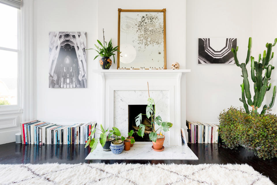 A fireplace surrounded by books, plants, and paintings