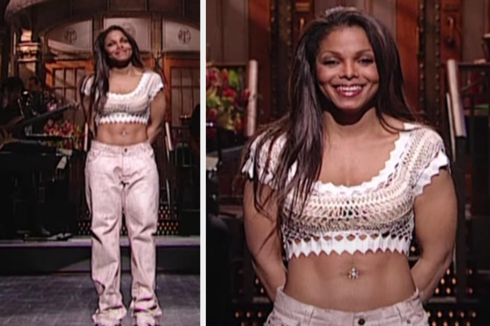 Janet Jackson delivers a monologue as she hosts "Saturday Night Live" in April of 2004 while wearing a crop top and pale pink pants