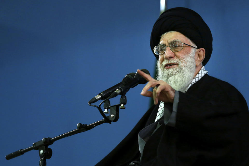 In this picture released by an official website of the office of the Iranian supreme leader, Supreme Leader Ayatollah Ali Khamenei delivers a speech, in Tehran, Iran, Monday, Feb. 17, 2014. Iran's top leader backs the continuation of nuclear negotiations with the West but says he doubts they will succeed. (AP Photo/Office of the Iranian Supreme Leader)