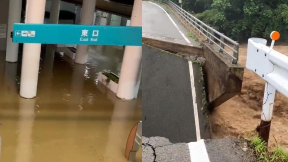 秋田車站淹水、橋樑遭沖斷。（圖／翻攝自推特@Haremaru0313、@hitsuji_akita）