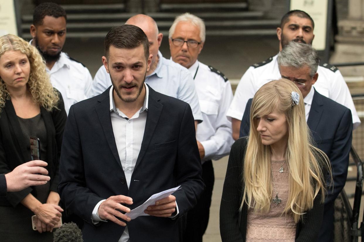 Chris Gard and Connie Yates speak to the media after ending their legal fight to take Charlie to the US for experimental treatment: Getty Images