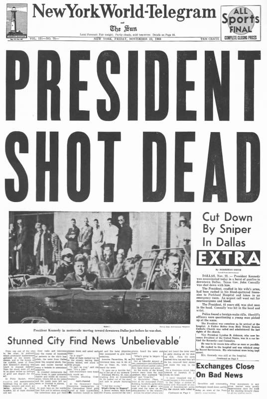 The front page of the New York World-Telegram for November 23, 1963 highlights UPI's coverage of the assassination of President John F. Kennedy. UPI File Photo