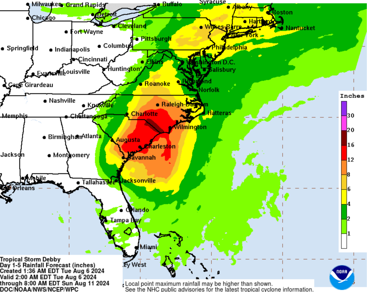 Map shows latest rainfall forecast for Tropical Storm Debby (National Hurricane Center)