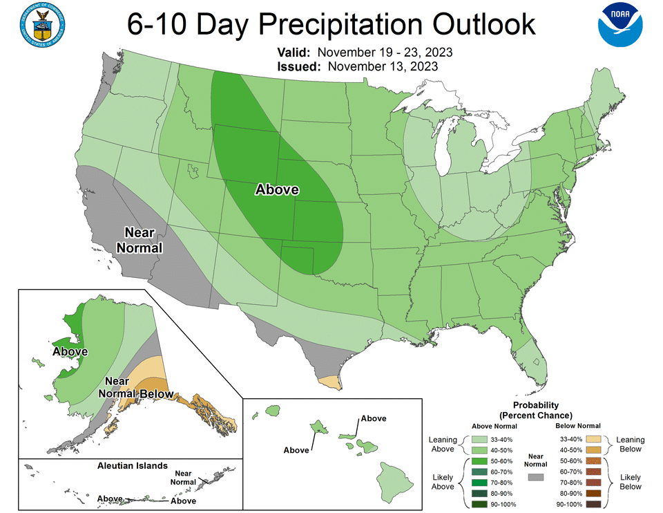 The National Weather Service 6-10 day outlook suggests a chance for above-normal precipitation Thanksgiving week.