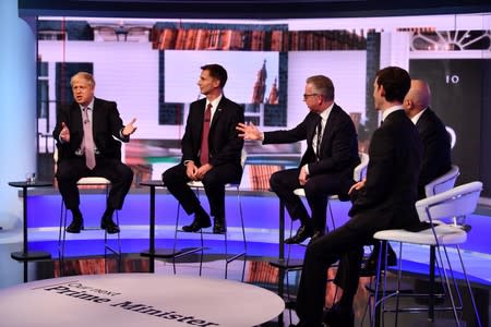 Boris Johnson, Jeremy Hunt, Michael Gove, Sajid Javid and Rory Stewart appear on BBC TV's debate with candidates vying to replace British PM Theresa May, in London